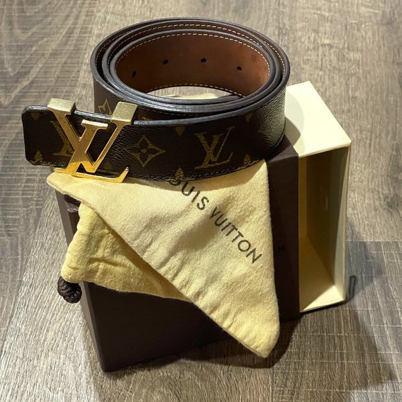 Authentic LOUIS VUITTON Monogram Belt with Gold Buckle - Men's - Picture 1 of 16